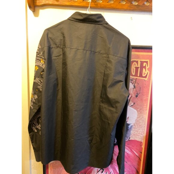 Mens Long Sleeve Button up Shirt Black Floral koi Design Large Club - Picture 4 of 5